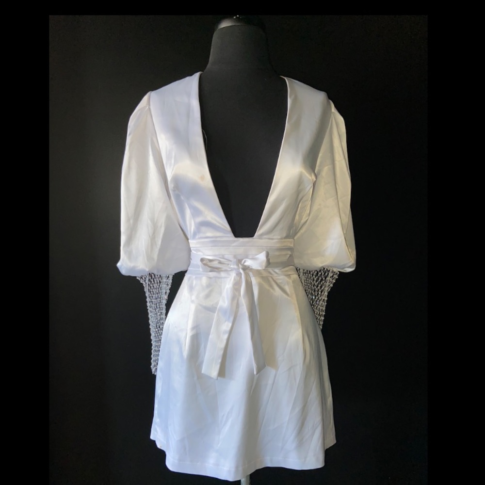 White sateen deep V dress